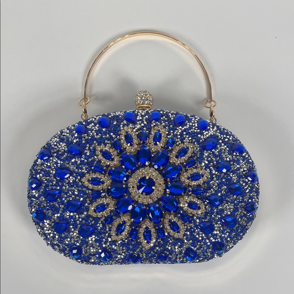 Verano Hill Dazzling Blue and Silver Crystal Evening Clutch With Gold Trim